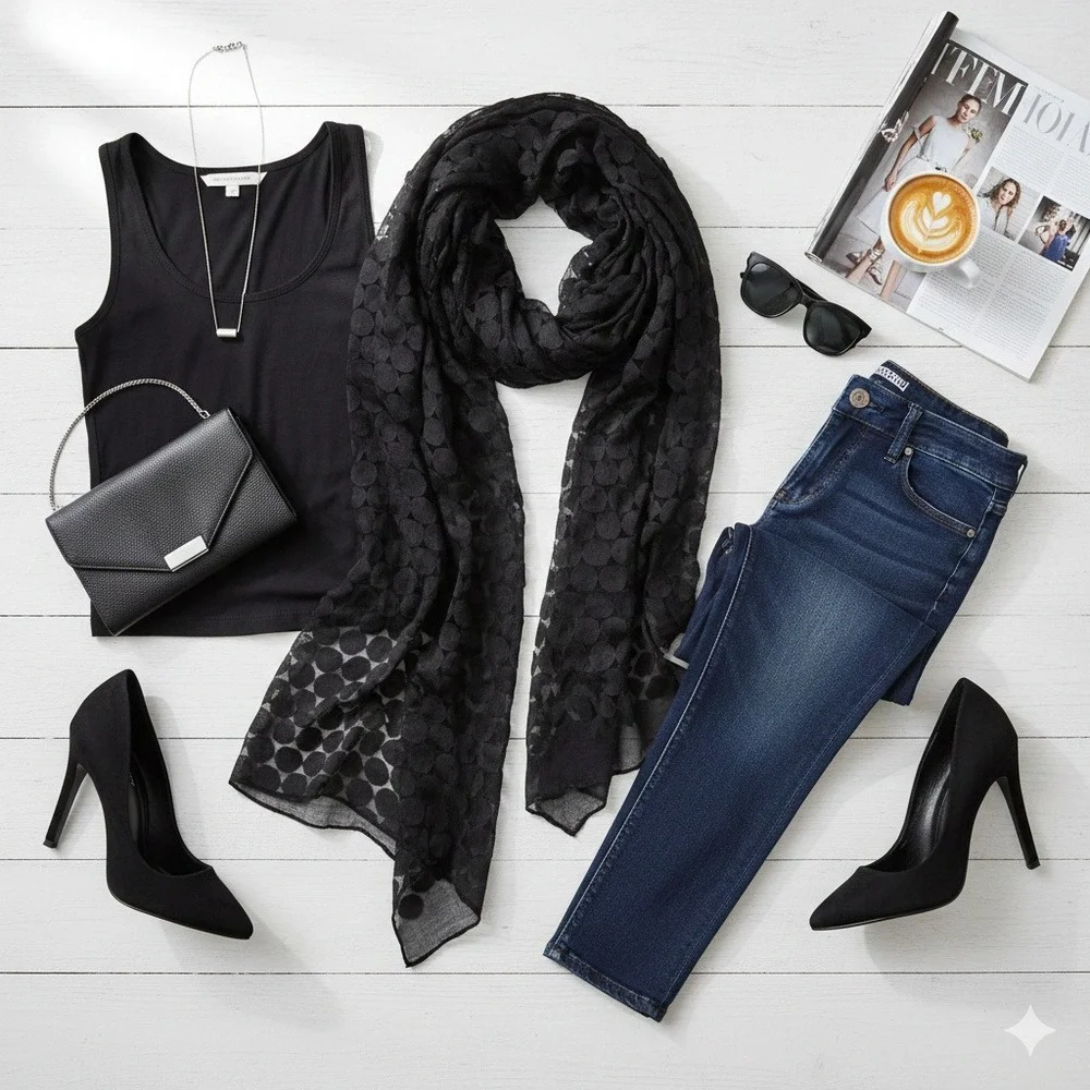 Black Circle Pattern Shawl Wrap‎ Lightweight Evening Occasion - Picture 2 of 10